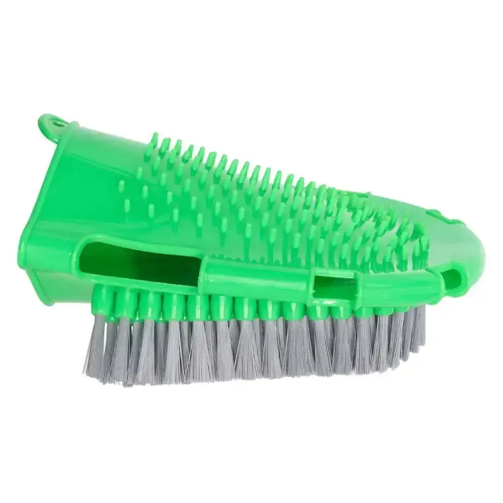 Green plastic imperial riding grooming brush with gray bristles and textured ridged handle for pet care