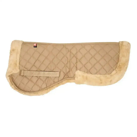 Beige imperial riding half pad fur star with plush faux fur trim and tan webbing strap for extra comfort