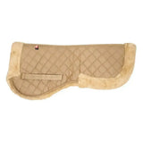 Beige imperial riding half pad fur star with quilted design plush fleece trim and tan webbing strap for extra comfort
