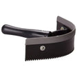 Black plastic pet grooming comb with curved handle and serrated teeth resembling imperial riding half round sweat scraper plastic