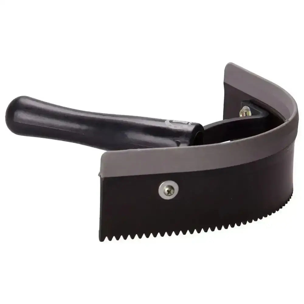 Black plastic pet grooming comb with curved handle and serrated teeth resembling imperial riding half round sweat scraper plastic