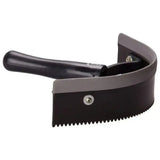 Black plastic pet grooming comb with curved handle and serrated teeth resembling imperial riding half round sweat scraper plastic
