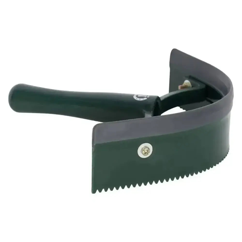 Dark green plastic imperial riding half round sweat scraper with serrated edge and black handle for grooming use