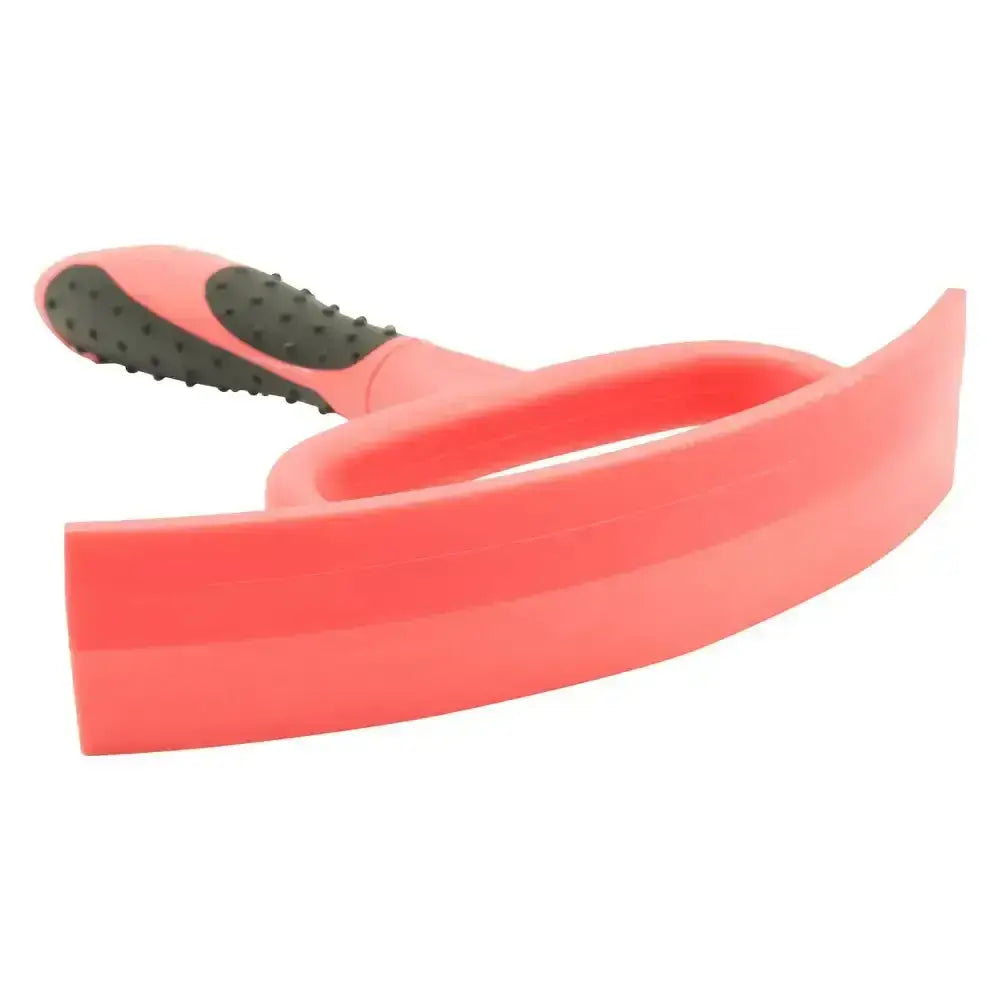 Bright coral imperial riding half round sweat scraper plastic brush with textured black grip for pet grooming