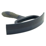 Black rubber-handled imperial riding half round sweat scraper plastic tool with curved flat blade for grooming