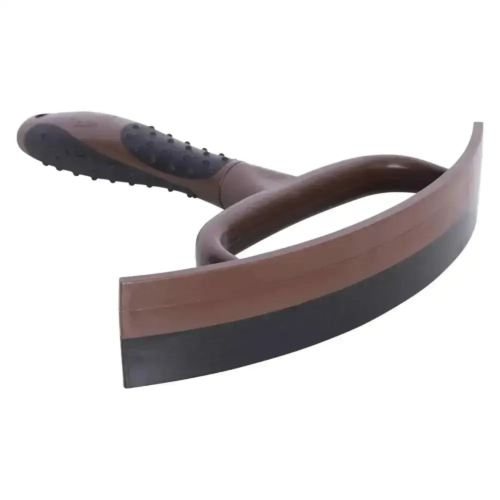 Brown and black imperial riding half round sweat scraper plastic brush with curved shape and textured grip handle