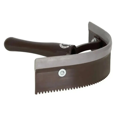 Brown-handled imperial riding half round sweat scraper with curved serrated metal blade and silver screw detail