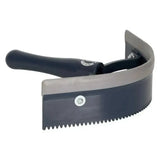 Black plastic half round sweat scraper with curved serrated edge and padded grip handle from imperial riding