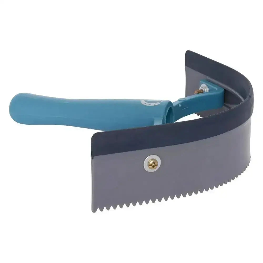 Blue-handled imperial riding half round sweat scraper plastic with gray metal blade and black rubber edge for grooming