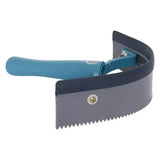 Blue-handled imperial riding half round sweat scraper plastic with gray metal blade and black rubber edge for grooming