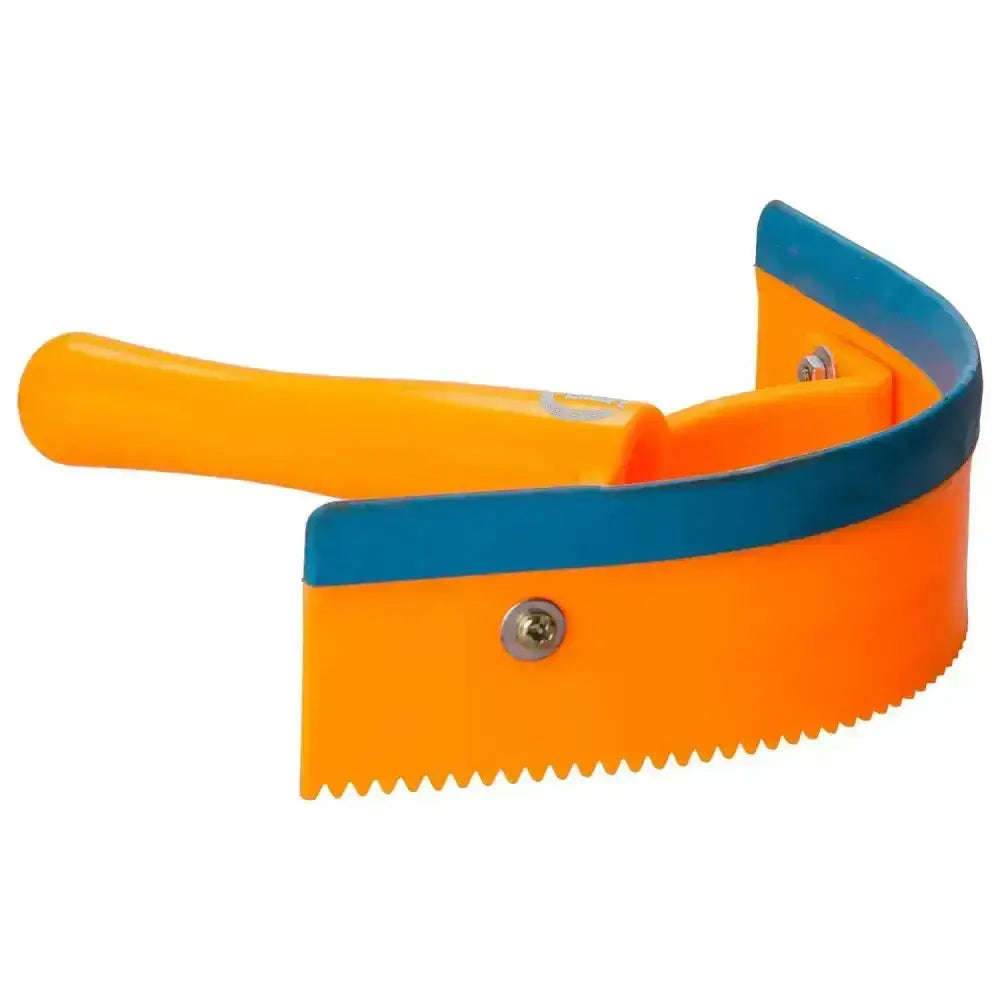 Imperial Riding half round sweat scraper plastic with bright orange and blue curved handle and serrated teeth comb