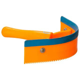 Imperial Riding half round sweat scraper plastic with bright orange and blue curved handle and serrated teeth comb