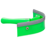 Bright green imperial riding half round sweat scraper plastic with gray rubber edge and serrated teeth for grooming pets