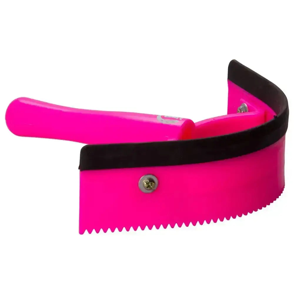 Bright pink imperial riding half round sweat scraper plastic with black rubber grip and serrated edge for grooming