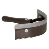 Brown-handled imperial riding half round sweat scraper plastic with curved serrated metal blade and silver screw detail