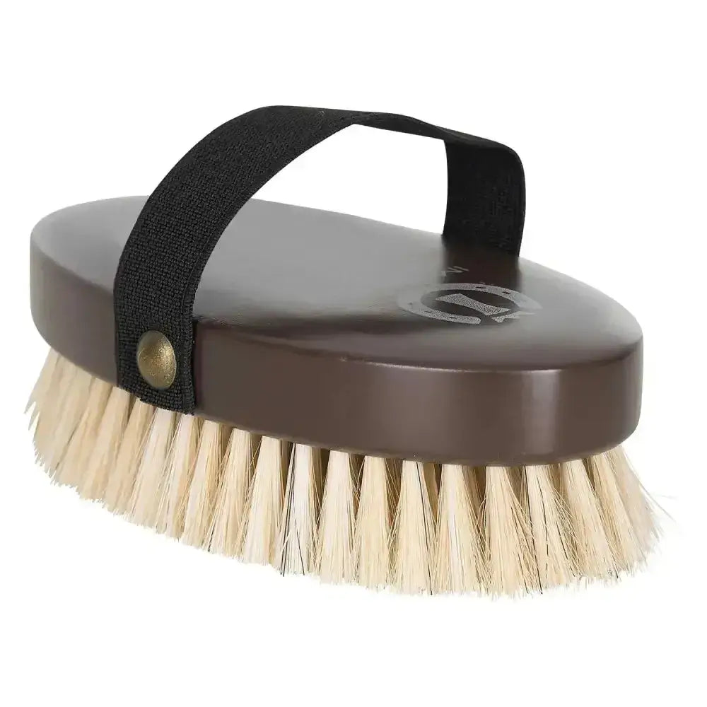 Imperial riding head brush with brown oval body, natural beige horse hair bristles, black fabric strap, and subtle logo on handle