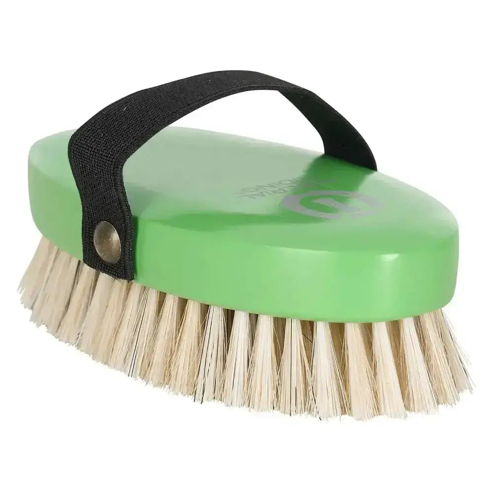 Imperial riding head green plastic riding head brush with natural horse hair bristles and black fabric strap