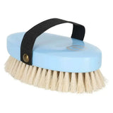 Imperial riding head brush with light blue oval body, natural beige horse hair bristles, and black fabric strap with brass button