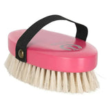Pink imperial riding head brush with natural horse hair bristles and black strap for grooming horses
