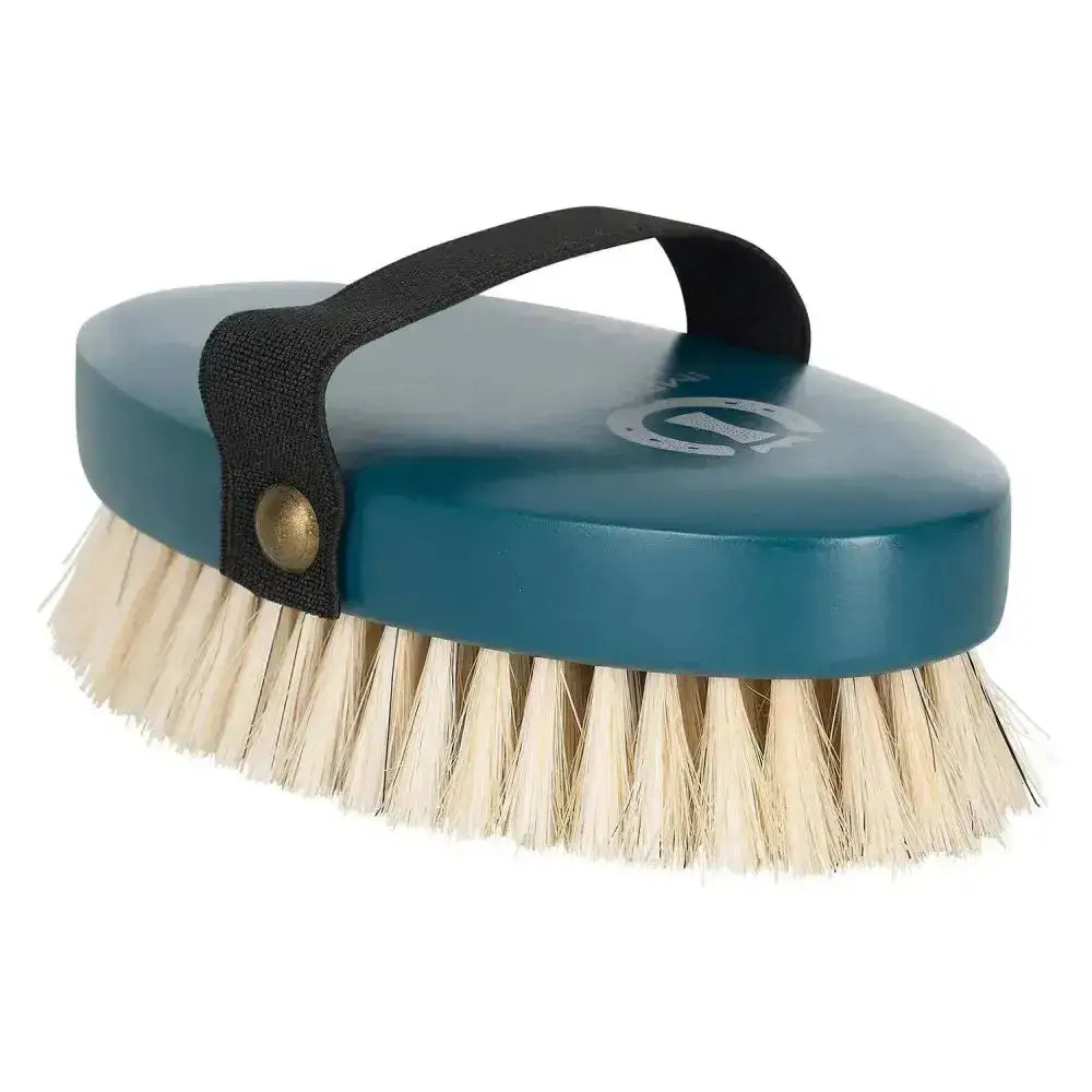 Teal imperial riding head brush with natural horse hair bristles and black strap for grooming horses
