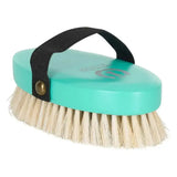 Imperial riding head brush with teal plastic body, natural horse hair bristles, and black strap with brass button fastening