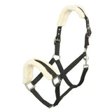 Black leather imperial riding headcollar classic fur with plush white fleece lining and silver metal buckles