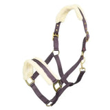 Dark purple imperial riding headcollar classic fur bordeaux with cream fleece lining and brass hardware woven strap
