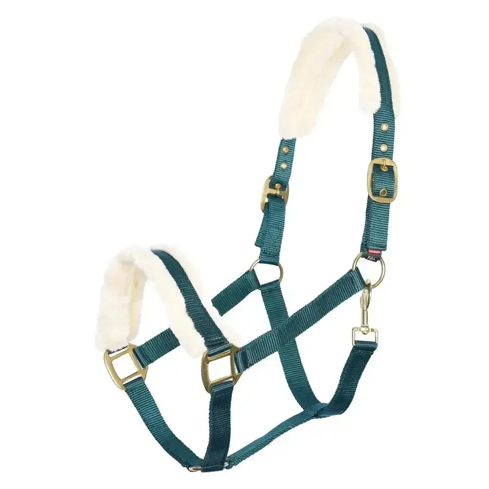 Teal woven nylon imperial riding headcollar classic fur forest with soft faux fur lining and brass hardware