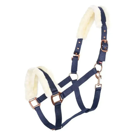 Navy blue imperial riding headcollar classic fur with cream fleece lining and rose gold metal hardware for riding use