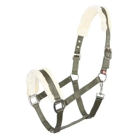 Olive green imperial riding headcollar classic fur olive green nylon with soft faux fur lining and silver hardware