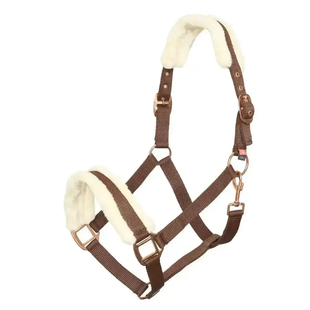 Brown leather imperial riding headcollar classic fur walnut with cream fleece lining and brass hardware