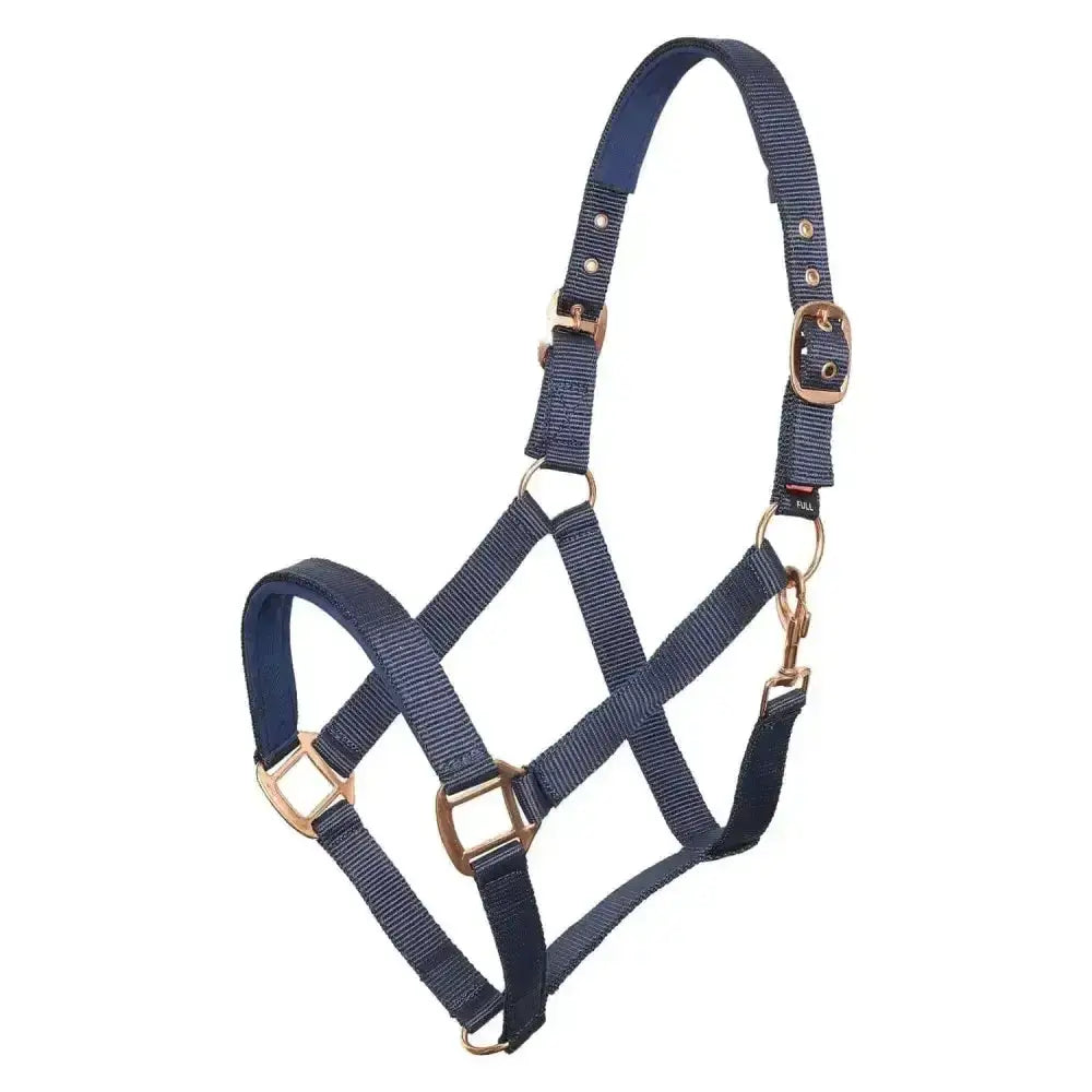 Navy blue woven nylon imperial riding headcollar classic sport with rose gold hardware and soft neoprene padded straps