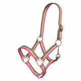 Imperial riding headcollar economic nylon halter in multi flower pink with pink tan stripes and silver metal hardware