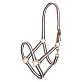 Brown and white striped economic nylon halter with brass hardware from imperial riding headcollar economic navy line