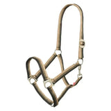 Tan and black striped nylon imperial riding headcollar economic with silver hardware for easy riding control