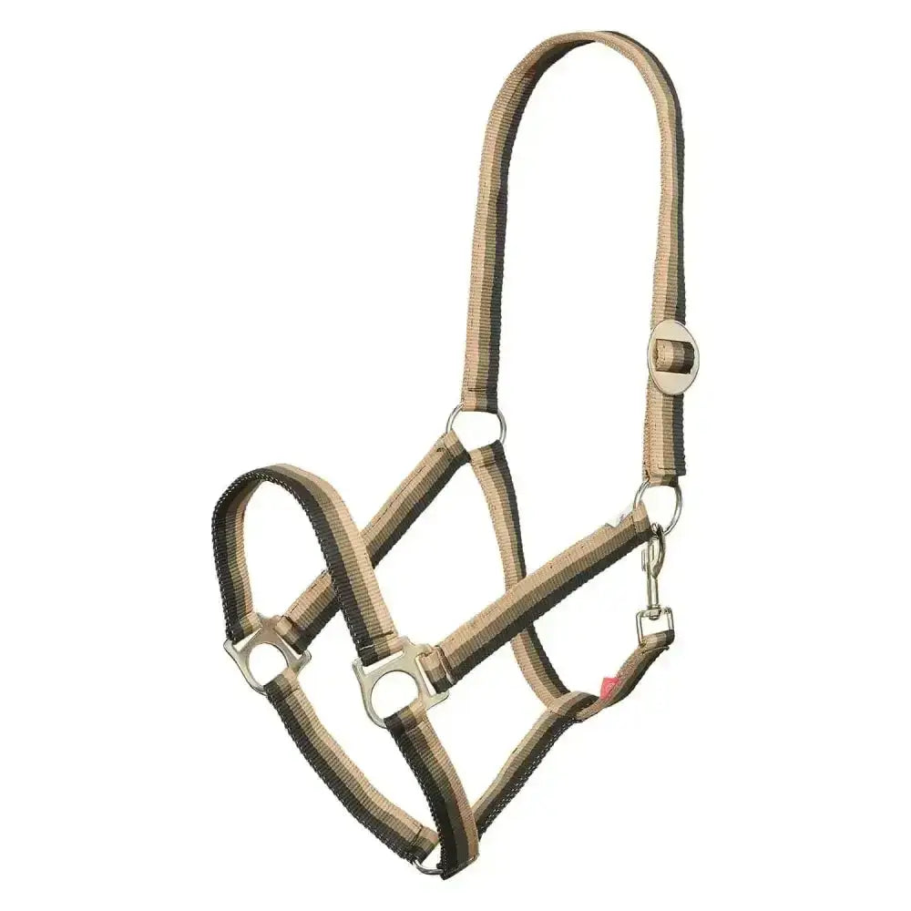 Tan and black striped nylon imperial riding headcollar economic with silver hardware in olive color