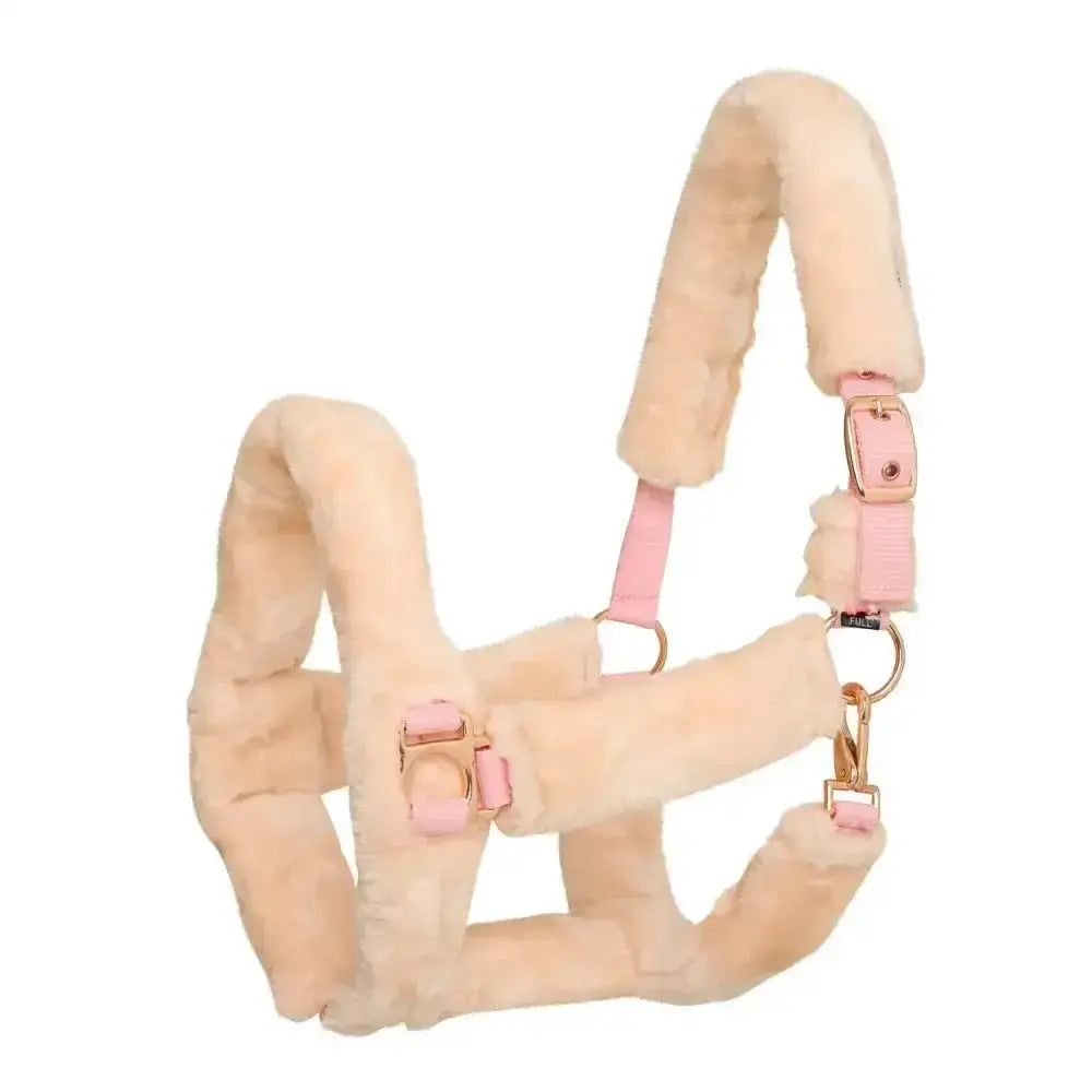 Cream-colored imperial riding headcollar fur star with pink leather straps and rose gold hardware for horses
