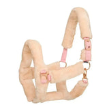 Cream-colored sheepskin imperial riding headcollar with pink leather straps and rose gold fur star classy hardware