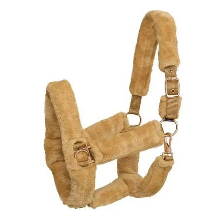 Tan faux fur imperial riding headcollar with gold hardware in fur star taupe for stylish horse comfort