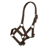 Brown woven nylon imperial riding headcollar foal halter with silver metal buckles and rings