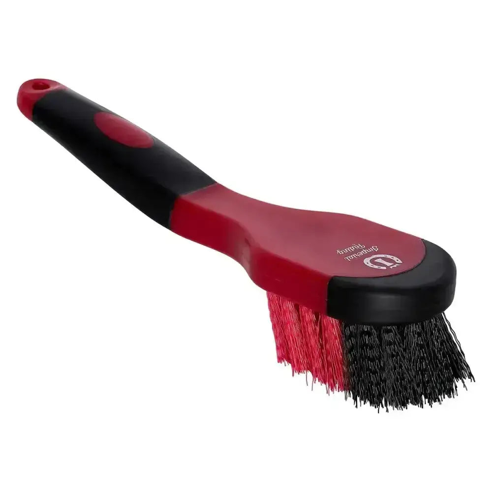 Red and black imperial riding hoof brush irhgrip with dual-colored bristles for easy hoof cleaning handled hoof brush