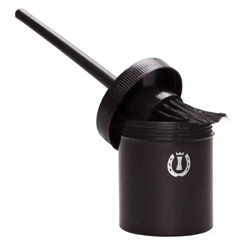 Black imperial riding irhhoof oil brush with horse-bristle and matching container with silver horseshoe logo