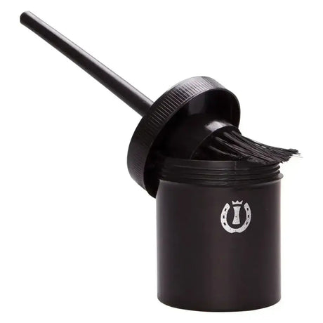 Black imperial riding irhhoof oil brush with horse-bristle and matching container with silver horseshoe logo