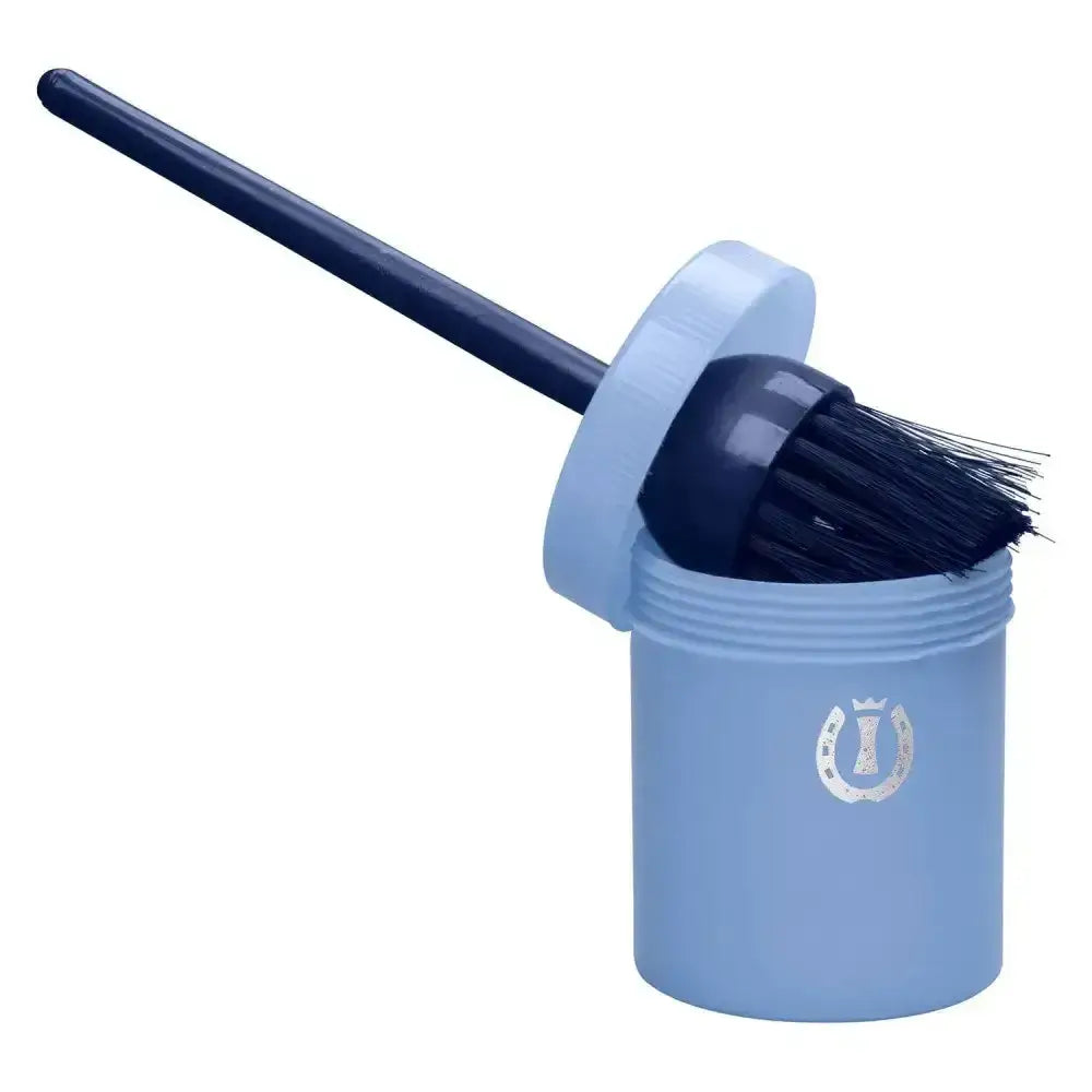 Light blue plastic imperial riding irhhoof oil brush holder with dark navy bristles and silver horseshoe logo on side