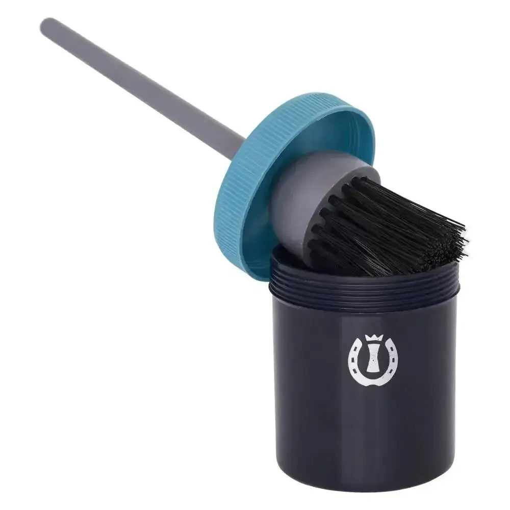 Navy blue cylindrical imperial riding irhhoof oil brush container with teal lid gray handle and black bristles inside