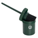 Dark green plastic imperial riding irhhoof oil brush with black bristles in a matching container with white logo