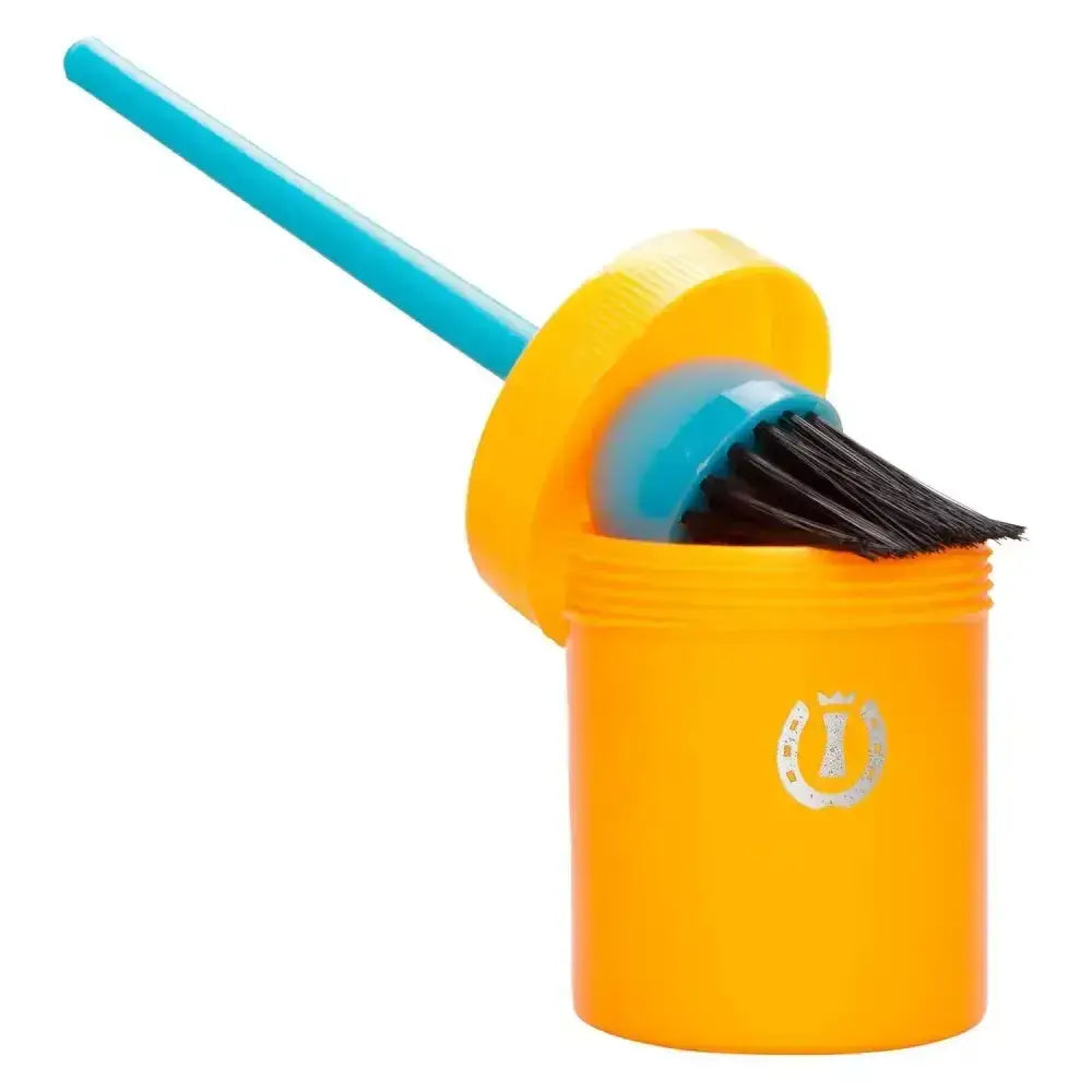 Bright orange imperial riding irhhoof oil brush with blue handle black bristles and silver horseshoe logo on side
