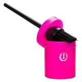 Bright pink imperial riding irhhoof oil brush container with black horse brush and white horseshoe logo on lid