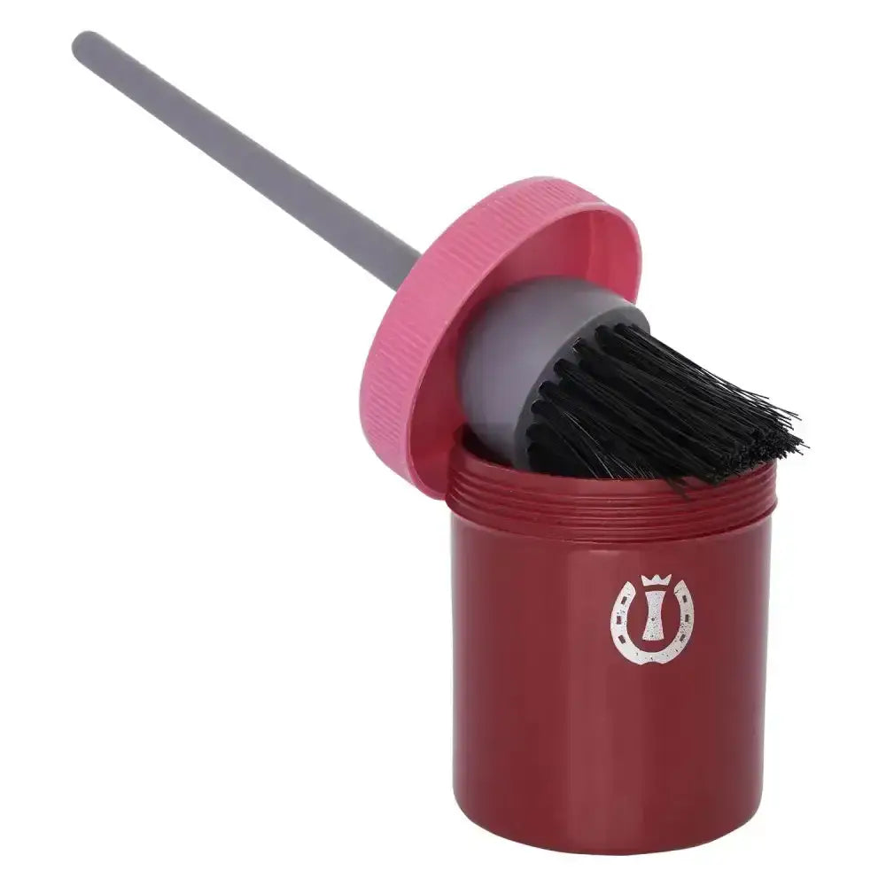 Red cylindrical imperial riding irhhoof oil brush holder with pink lid and gray-handled black bristle brush inside