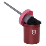 Red cylindrical imperial riding irhhoof oil brush holder with pink lid and gray-handled black bristle brush inside